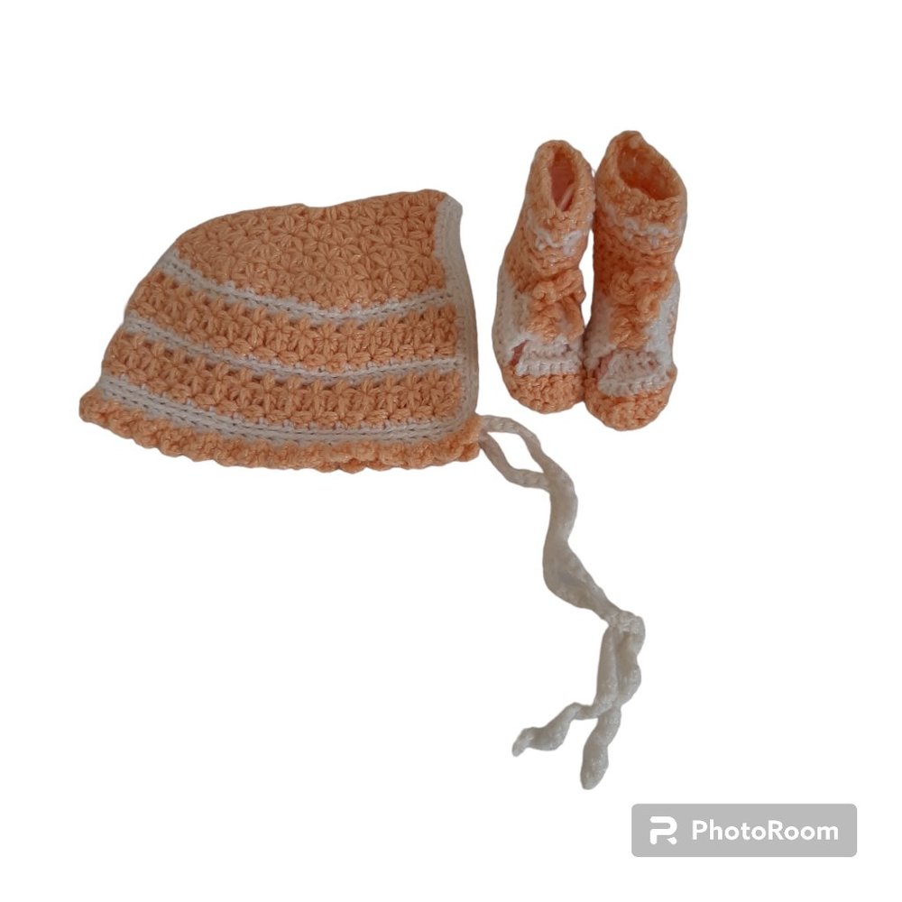 New Handmade Crocheted Newborn Hat and Booties, Orange and White